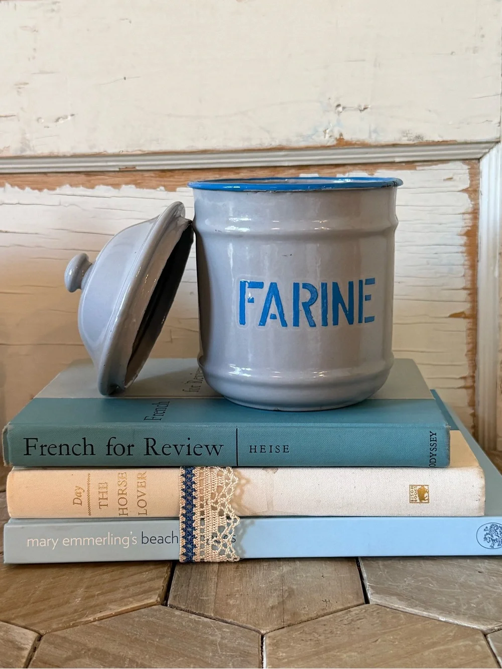 Vintage French Enamel Canisters;Sucre, Cafe & Farine,SET/3, Blue/Gray, Provence